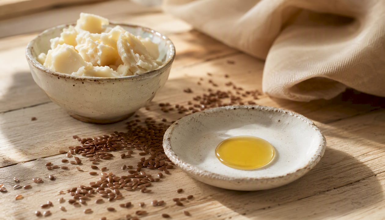 Naturlig sheasmør og hørfrøolie som ingredienser