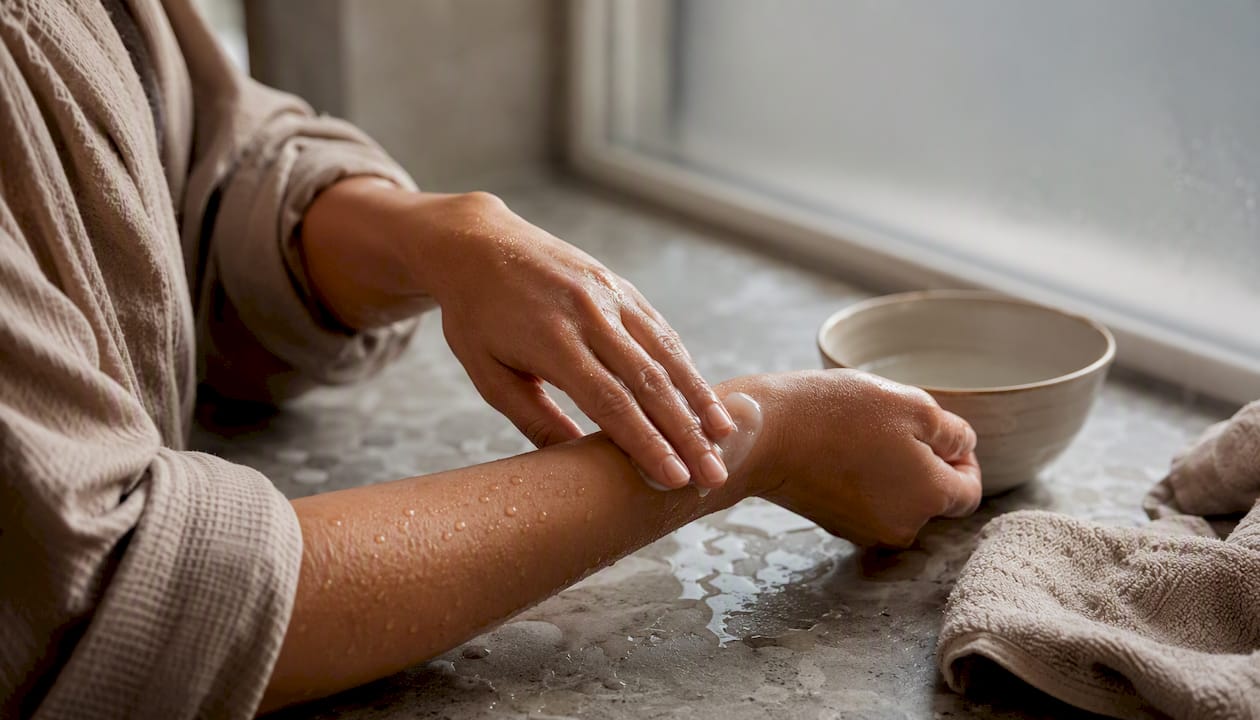 Aftercare påføres på fugtig hud