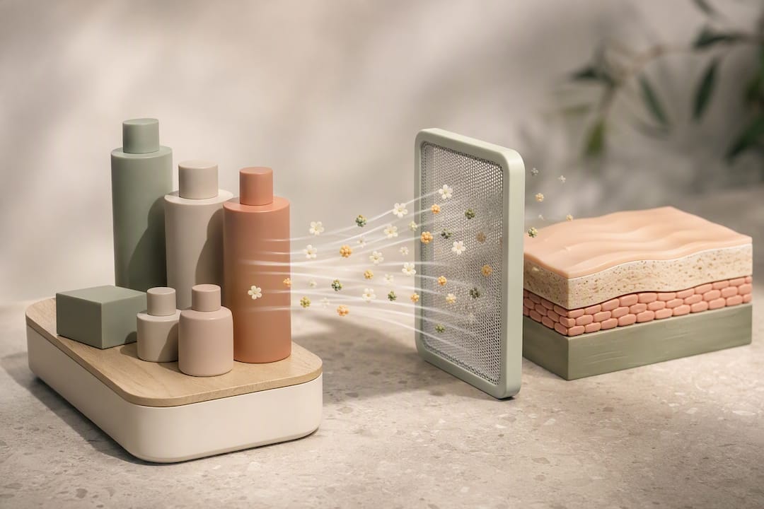 Illustration af ingredienser og hudens barriere