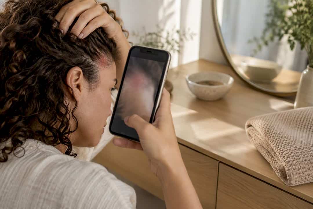 En person tager billede af udslæt ved hårgrænsen