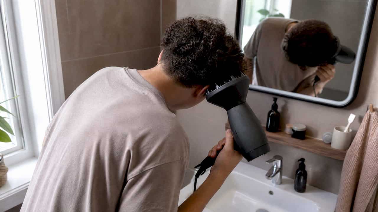 Teenager tørrer krøller med en diffuser