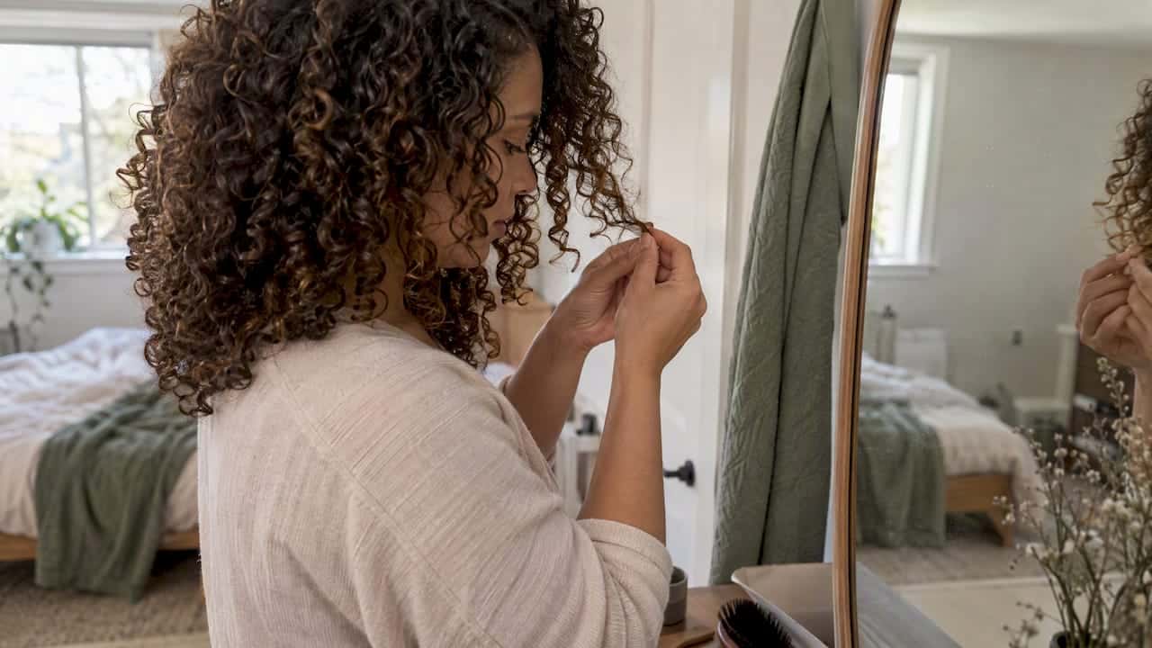 Kvinde tjekker for spaltede spidser i sit krøllede hår
