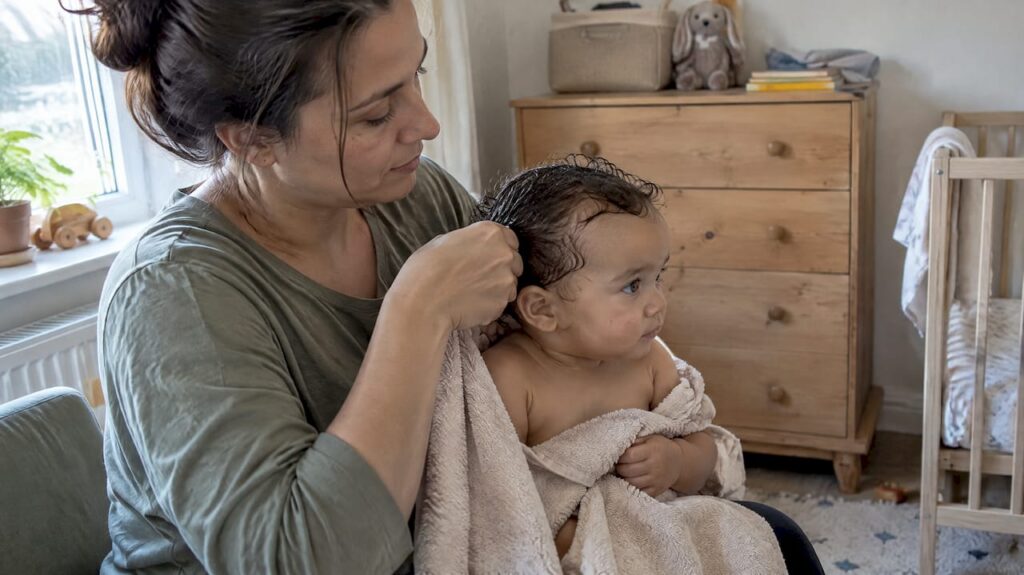 Forælder vrider forsigtigt vandet ud af babyens krøller