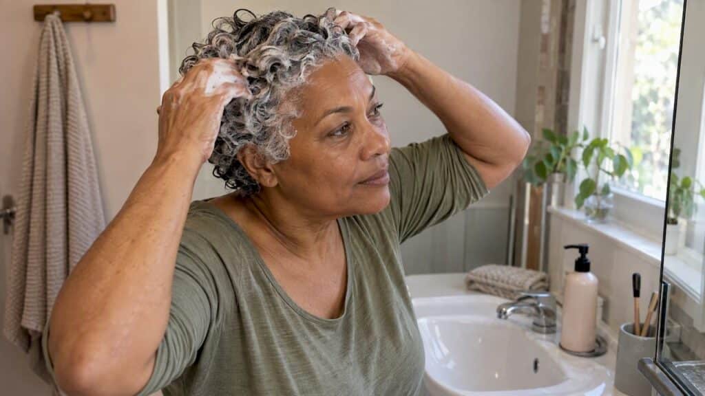 En moden kvinde masserer shampoo ind i sine krøller