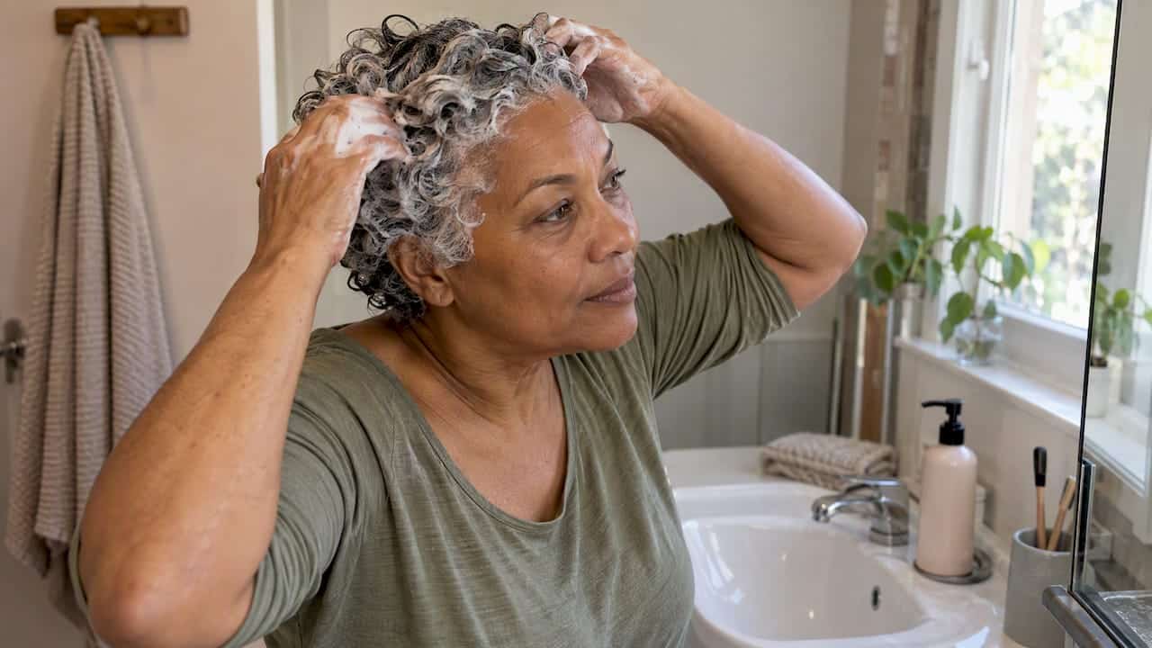 En moden kvinde masserer shampoo ind i sine krøller